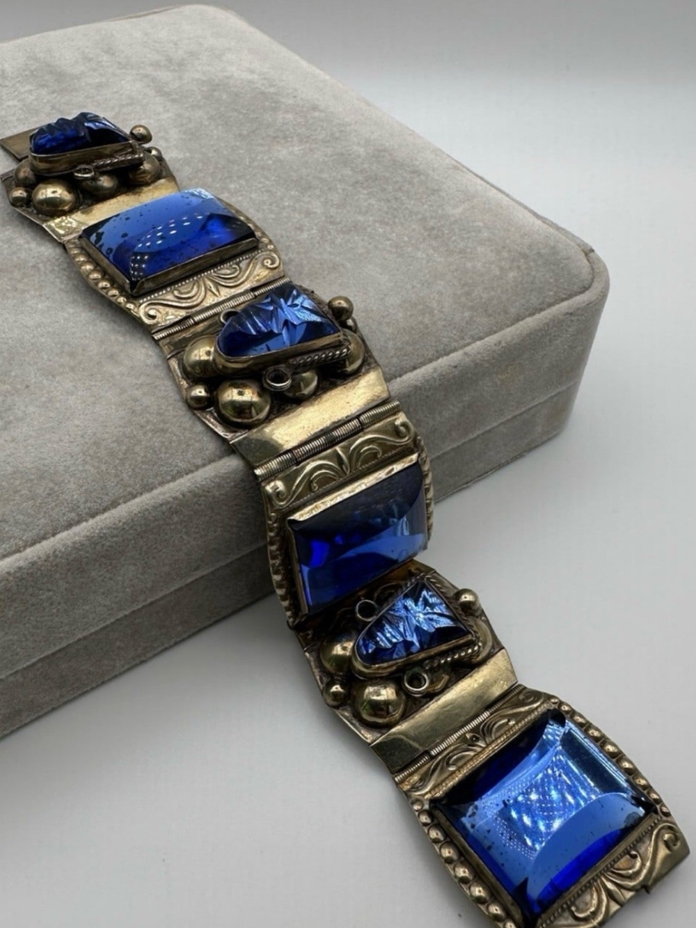Vintage Taxco Mexico Blue Glass Panel Bracelet 7.25" silver plated